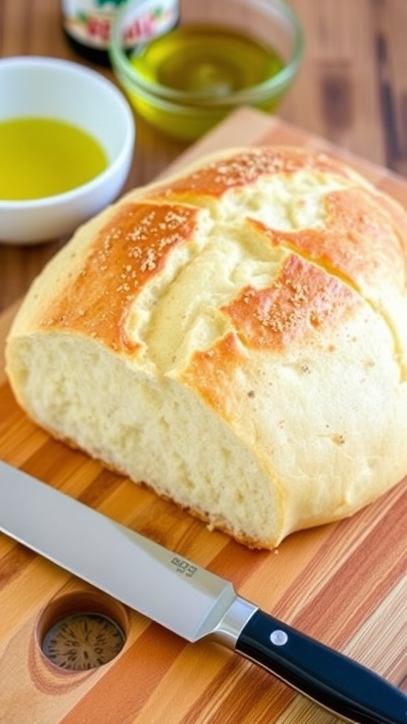 Freshly baked gluten-free Dutch oven bread with a golden crust on a wooden board.